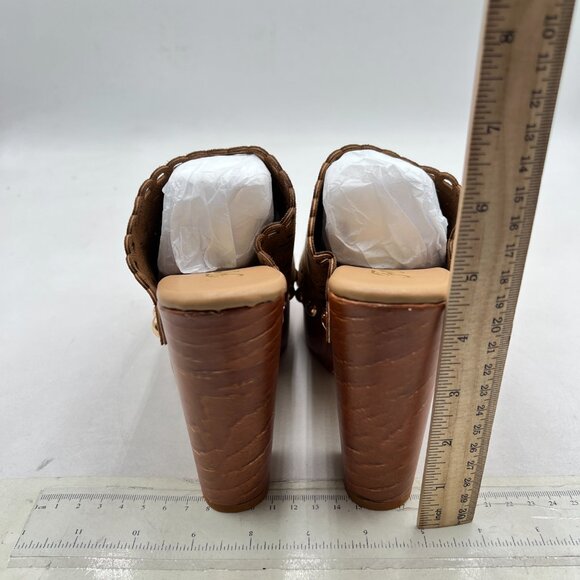 FOWT Tan Studded Round Toe Floral Cut Out Platform Mules Chunky Heel Sandals - Picture 5 of 8